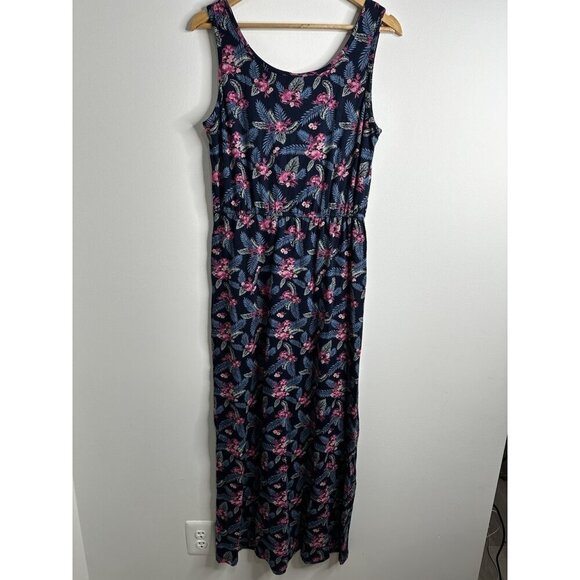 Mata Traders Maxi Dress Sz L Floral Navy Boho Jersey Knit Organic Cotton Stretch - Picture 8 of 9